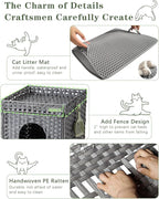 Cat Litter Enclosure with Hidden Litter Mat and Rattan Cat House, Supports Two Litter Boxes, Ideal for Living Room or Bedroom (Gray)