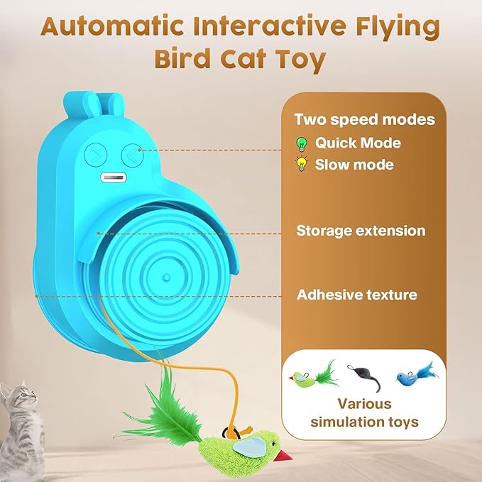 Interactive Cat Toys for Indoor Cats - Automatic Flying Bird Feather & Mouse Wand Enrichment Toy, Hands-Free or Handheld USB-Rechargeable Safe Play Chase Exercise for Bored Kittens and Adult Cats