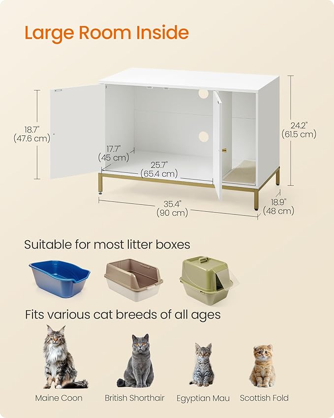 Feandrea Cat Litter Box Enclosure, Hidden Litter Box Furniture with Scratch Pad, Front Entry, Double Cabinet Doors, Modern Style, 35.4" Cat House Washroom Side End Table, White and Gold