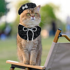 HOWWFALY 2PCS Cat Beret Hat with Pearl Bowtie, Adjustable Bandana Scarf Set Pet Princess Costume for Halloween Christmas, Cat Dog Birthday Party Apparel(Black Pearl)