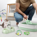 7 Pcs Small Cat Kitten Starter Kit Cat Litter Box with Shovel Paw Litter Mat Double Automatic Kitten Bowls Toy Teaser Stick Collar Essentials Kits for 1-3 Lbs Beginner(Stylish,Fresh Green)