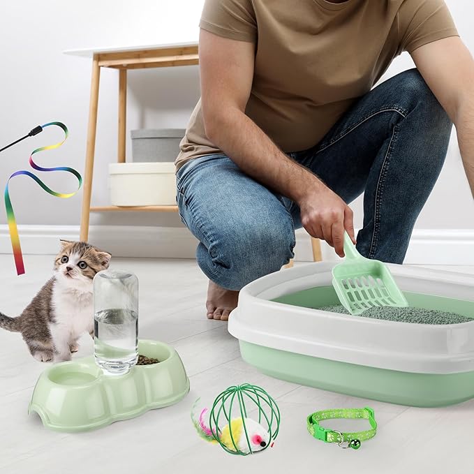 7 Pcs Small Cat Kitten Starter Kit Cat Litter Box with Shovel Paw Litter Mat Double Automatic Kitten Bowls Toy Teaser Stick Collar Essentials Kits for 1-3 Lbs Beginner(Stylish,Fresh Green)