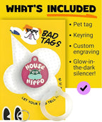 Bad Tags Personalized Dog and Cat ID Tags in 25+ Designs and 2 Sizes - 5 Lines of Custom Engraved Text - Funny Cute Personalized Pet Tags (House Hippo - Pink, Large (1.25 inch))