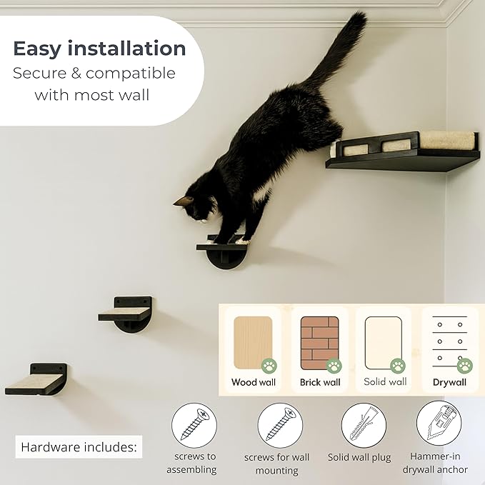 Cat Wall Shelves for Cats & Kitten – Solid Wood Cozy Corner Bed + Cushion with 2 Washable Covers + 3 Wooden Steps, Safe Haven for Indoor Cats, Cat Shelves for Wall, Black