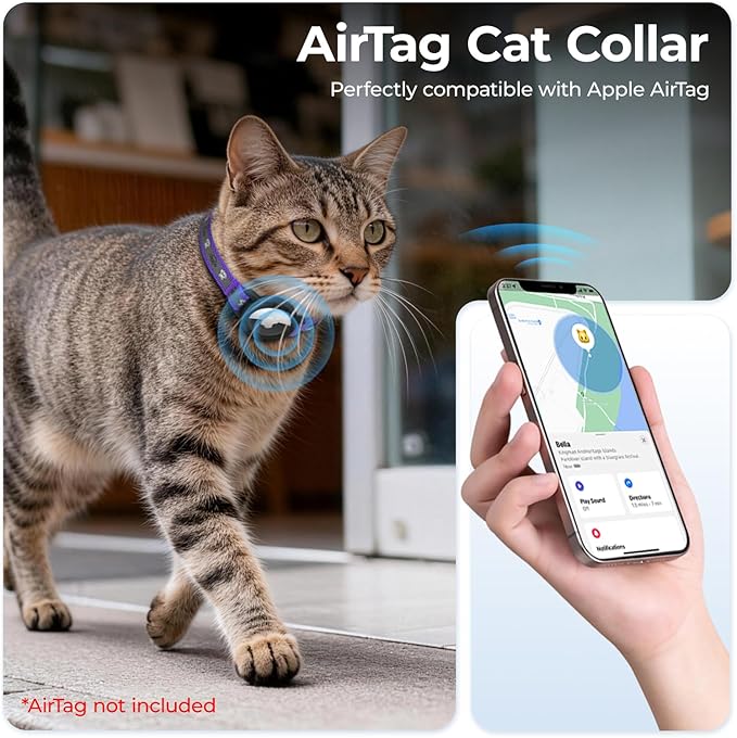 Breakaway AirTag Cat Collar, Reflective Cat Tracker Collar with Air Tag Holder and Bell, Safety Elastic Band Cat GPS Collars for Girl Boy Cats, Kittens and Puppies (Purple, 8-13'')