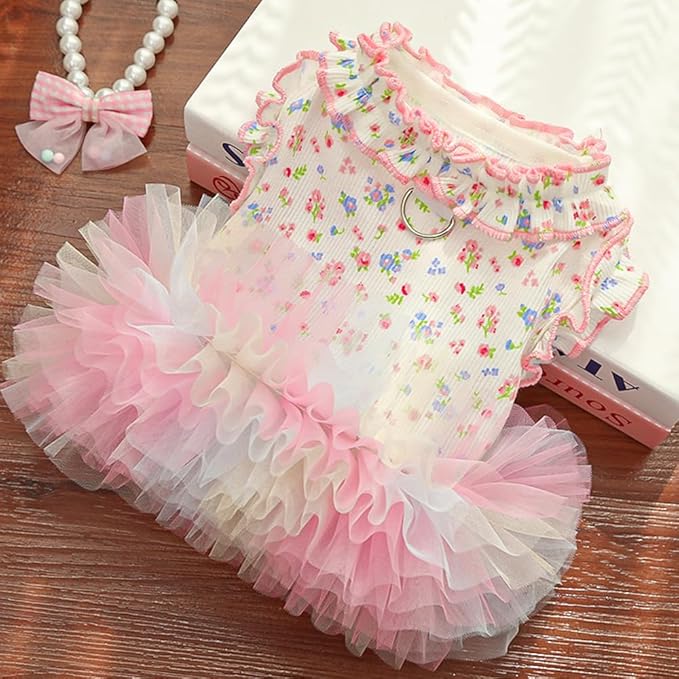 Floral Puppy Dress with D-Ring Ruffled Small Dog Clothes Female Spring Cat Outfit Sleeveless Pet Princess Skirt Cute Dogs Tutu Dresses (Pink, Large)