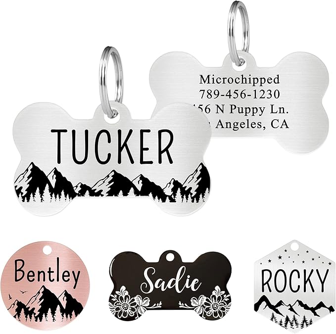 Ultra Joys Stainless Steel Pet ID Tag Dog Name Tags Personalized Front and Back Engraving, Customized Dog Tags and Cat Tag, Optional Engraved on Both Sides, Bone Tag Mountain Design, Silver Large