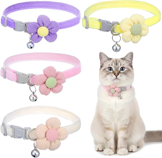 4Pcs Cat Collar Breakawayr, Cute Cotton Kitten Collar with Bell Adjustable Pink Cat Collar Safety Buckle Flower Cats Collar for Girl Boy Little Dog