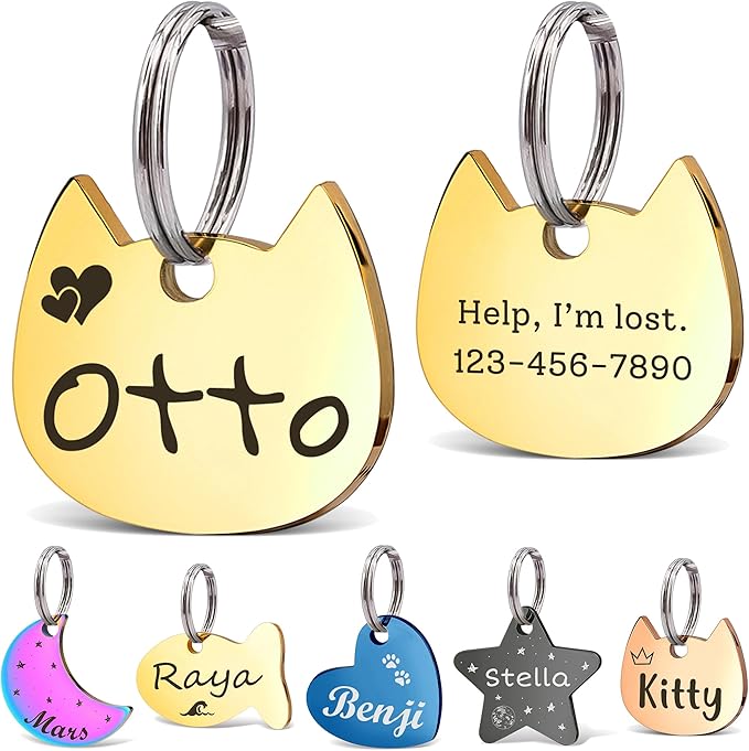 Anavia Small Size Dog Cat ID Tags, Small/XS Personalized Color Plated Stainless Steel Puppy Kitten Name Tags, Customized Engraved Nameplate Pet Collar Tag (Gold, Cat Head)