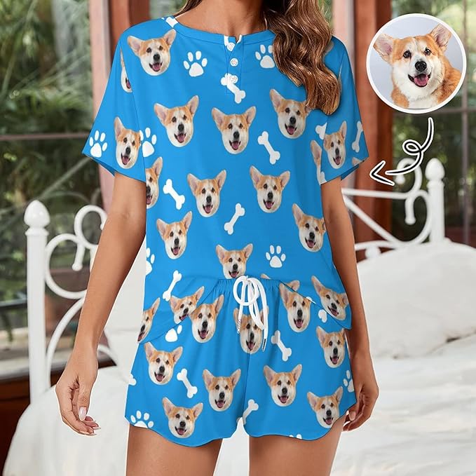 D-Story Custom Short Pajama Set with Pet Face Personalized Photo Sleepwear 2 Pieces Pjs Nightwear Xmas Gift for Women