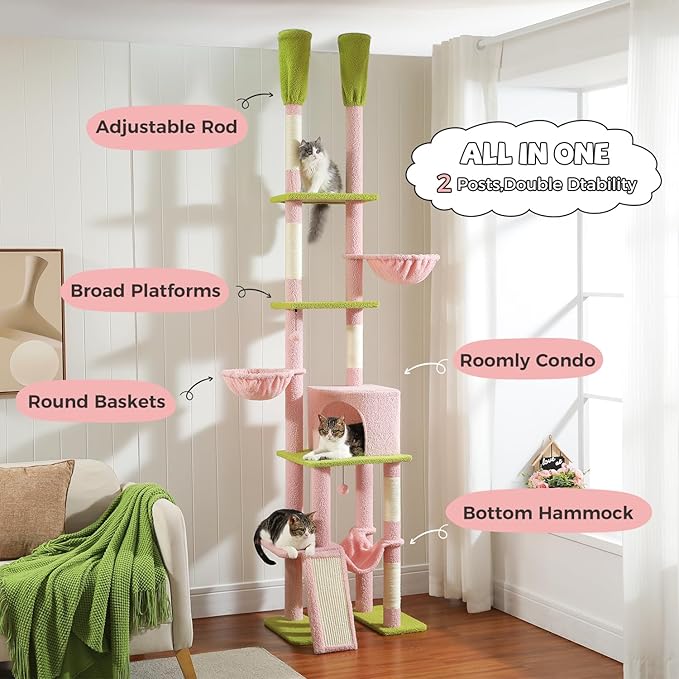 PAWZ Road Pink Cat Tree, Floor to Ceiling Cat Tower with Adjustable Height(85-112 Inches), 7 Tiers Climbing Activity Center with Cozy Hammocks, 5 Platforms and Scratching Posts for Indoor Cats-Pink