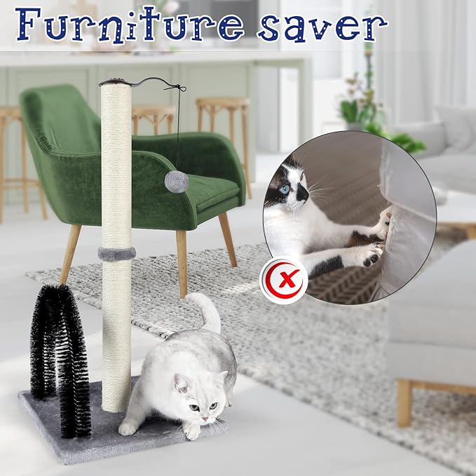 ANWA Tall Cat Scratching Post with Arch Self Groomer Massager, 32" Scratching Post for Indoor Cats from Kitten to Adult Cats, Stable Sisal Cat Post with Extra Interactive Dangling Plush Toy