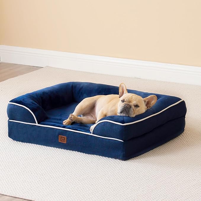 EHEYCIGA Orthopedic Dog Beds for Large Dogs, Waterproof Memory Foam Large Dog Bed with Sides, Non-Slip Bottom and Egg-Crate Foam Pet Couch Bed with Washable Removable Cover, Navy