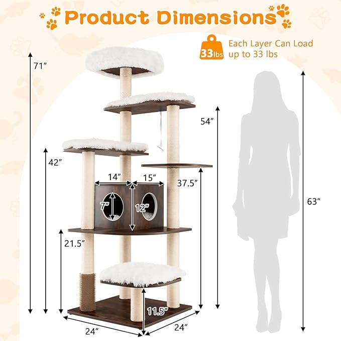 Tangkula Tall Cat Tree, 71-Inch Cat Tower with Multi-Layer Platform, Modern Wood Cat Tree with Sisal Scratching Posts, Self Groomer, Cat Condo, Washable Cushions for Large Cats 20 lbs Heavy Duty