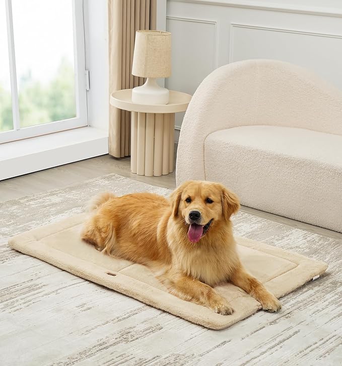 Made4Pets Dog Crate Pad Bed for Large Dogs, Washable & Reversible, Anti-Slip Kennel Mat for Cozy Sleeping, Soft Fluffy Dog Bed for Indoor & Outdoor Use, 41"x29", Beige