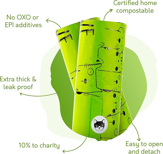 Certified Home Compostable Cat Litter Bags For Poop - 10% to Charity - Cornstarch-Based - For Cleaning Up Litter Trays - NF T51-800 Compliant - 30 Extra Large Disposable Bags