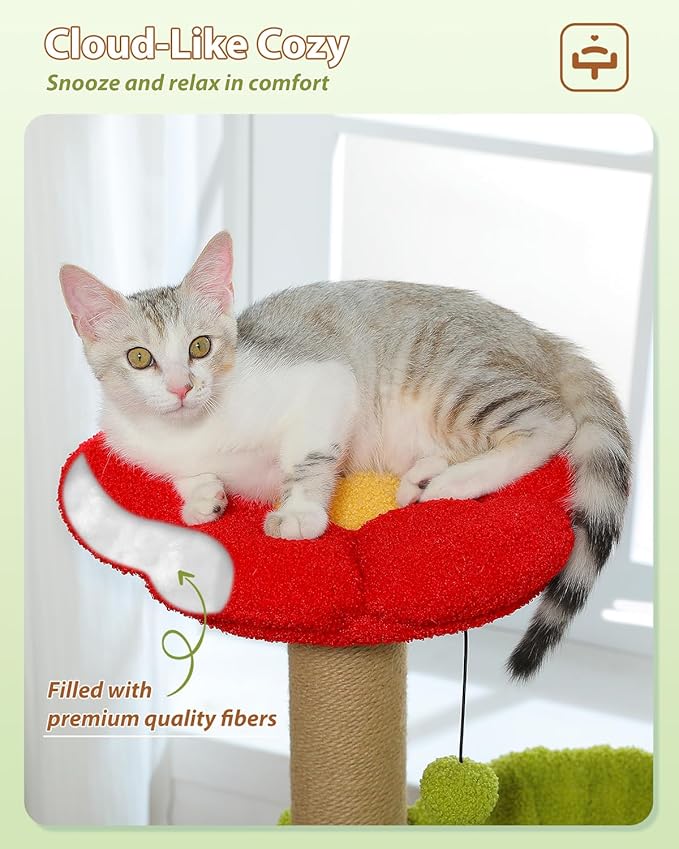 Flower Cat Tree with Sisal Scratching Posts, 35" Cute Cat Tower with Large Green Hammock for Small Indoor Cats, Cat Condo with Removable Flower Bed for Kittens, Brown