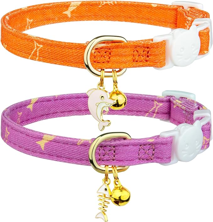 2 Pack Cotton Breakaway Cat Collar Orange and Purple Fish Pendant Cute Kitten Cat Collar with Bell