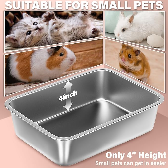 Stainless Steel Litter Box for Kitten 2 Pack,15.7"×11.8"×4" Small Litter Box for Kittens Easy Entry, Non Odor, Easy to Clean, Metal Litterbox for Cat, Rabbit, Ferrets, Guinea Pigs