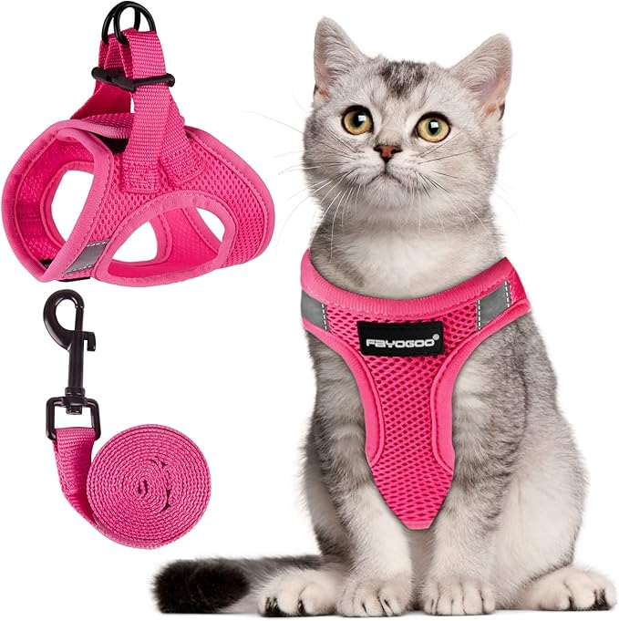 FAYOGOO Cat Harness and Leash Set | Upgrade Step-in Escape Proof Harness | Lightweight Soft Vest, No-Choke Design for Walking, Travel, Camping (Pink)