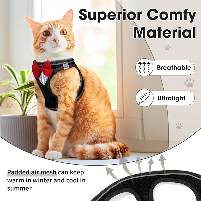 Cat Vest Harness and Leash Set for Walking Escape Proof, Adjustable Kitten Harness Breathable Mesh with Reflective Strips Harness for Kitty Puppy Bunny (Black,XS)