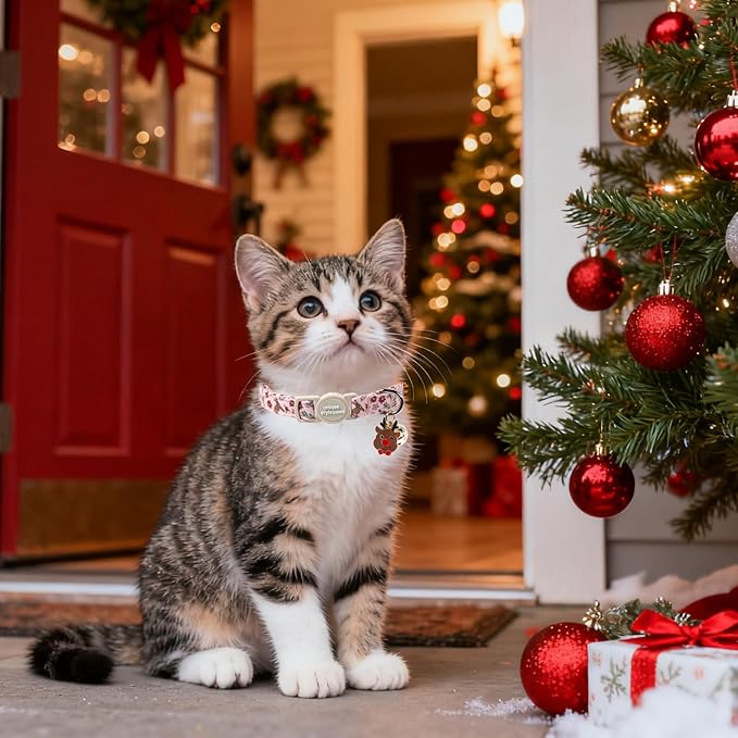 Christmas Cat Collar,Unique Style Paws Kitten Collars,Cute Pink Cats Collar with Bell,AdjustableKitten Collar Breakaway Buckle with Candy Cane,Reindeer Pattern,Ideal Gift for Boy Girl Cats