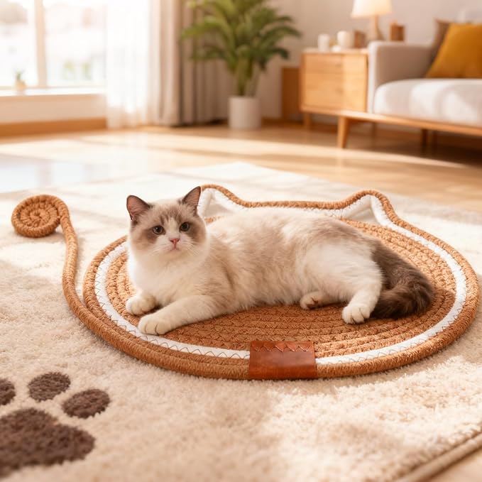 2 PC Cat Scratcher Mat - Natural Cotton Rope Oval Horizontal Scratch Pad (11''x13.7'') with Dangling Ball Toy, Cat Ear Design, Furniture Protector for Floor/Wall, Durable Handmade (Green, 2 PC)