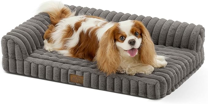 Cute Dog Bed, Faux Rabbit Fur Orthopedic Foam Dog Bed with Sides, Removable Washable Cover & Waterproof Lining, Comfortable Pet Couch for Small Dogs, Grey (30" L x 20" W x 6" Th)