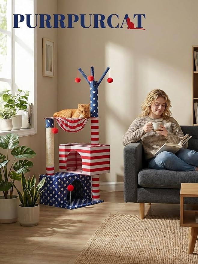 American Flag Cat Tree for Kittens & Senior Cats, 45” Stable Cat Tower Corner Fit, Patriotic Star & Stripes Cat House for Small Spaces with 2 Condos, Hammock & Reinforced Scratching Posts