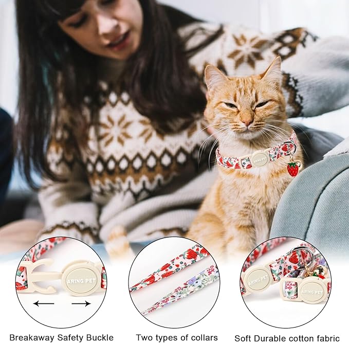 ARING PET 2 Pack Cat Collar-Cute Kitty Collars with Bell & Pendant, Adjustable Floral&Strawberry Kitten Collars with Safety Buckle for Girl and Boy Pets