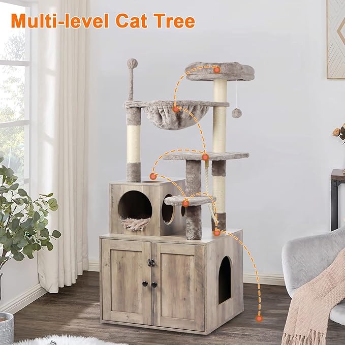 Cat Tree with Litter Box Enclosure, 2-in-1 Cat Tower for Indoor Cats, Large Wood Cat Condo with Basket, Scratching Posts, Pompoms, Grey