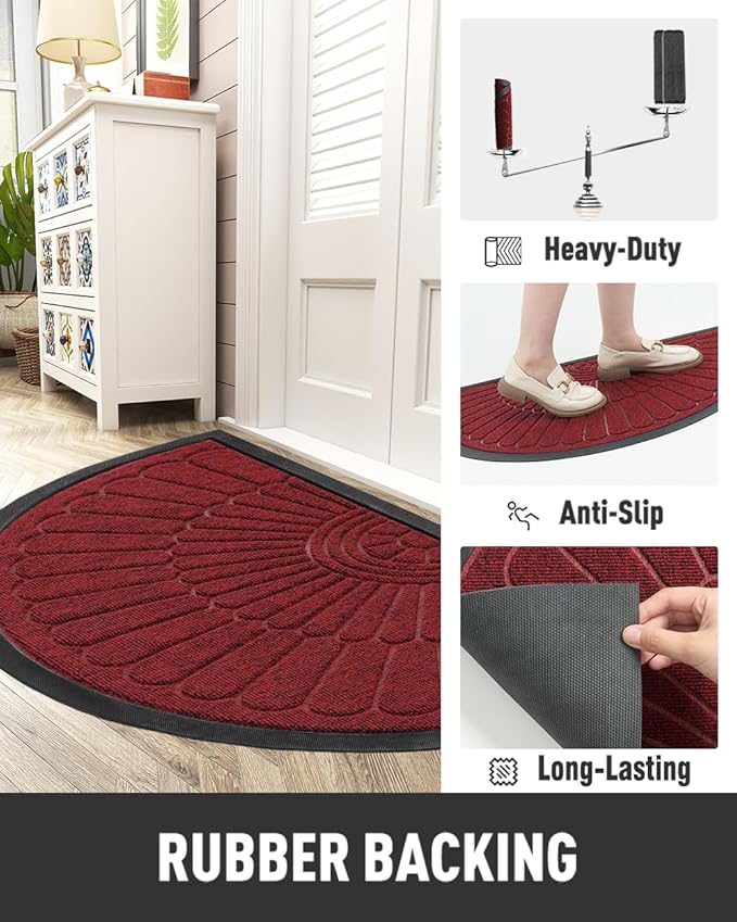 tchdio Door Mat Outdoor Indoor Entrance Doormat-Semicircular Durable Rubber Non Slip Front Door Mat for Outside Inside Entry Entryway Dirt Trapper WelcomeMat for Muddy Paws and Shoes-Red 24”x36”