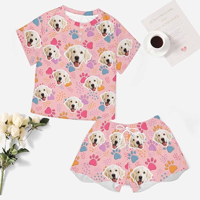 D-Story Custom Short Pajama Set with Pet Face Personalized Photo Sleepwear 2 Pieces Pjs Nightwear Xmas Gift for Women
