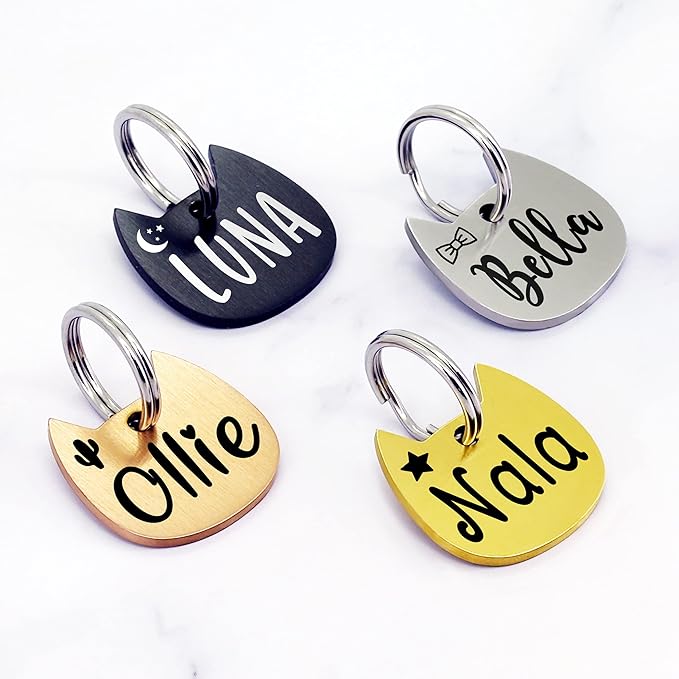 Ultra Joys Cat ID Tag Personalized Pet Tags, Durable Stainless Steel Small Pet Mini Dog Cat Tag Lightweight - Cathead Tag in Silver