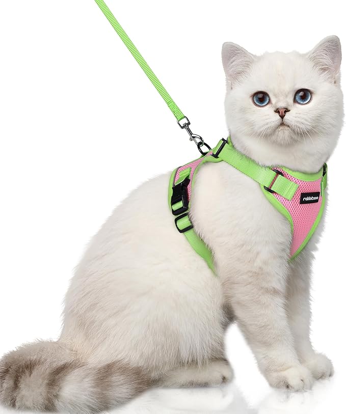 rabbitgoo Cat Harness and Leash Set, Escape Proof Soft Adjustable Vest Harnesses for Outdoor Walking, Easy Control Breathable Kitten Jacket with Reflective Strips, Pink & Light Green, XS