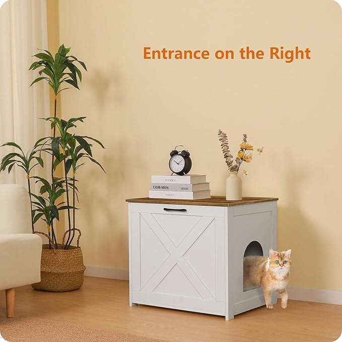 Dwanton Cat Litter Box Furniture Hidden, Cat Litter Box Enclosure, Reversible Entrance Can Be on Left or Right Side, Indoor Cabinet, Wooden Washroom, End Table, White and Warm Brown, 23.6" L