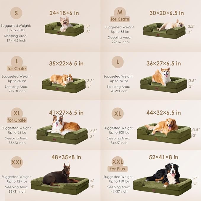 EHEYCIGA Orthopedic Dog Beds for Large Dogs, Waterproof Memory Foam Large Pet Bed with Sides, Non-Slip Bottom and Egg-Crate Foam Dog Couch Bed with Washable Removable Cover, Olive Green