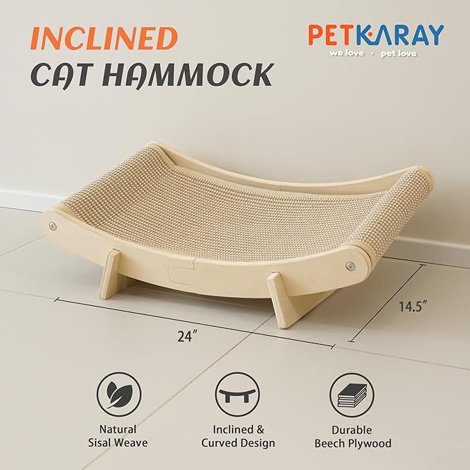 PETKARAY Inclined Sisal Cat Scratcher Bed, Curved Wooden Cat Hammock Chair, Large Scratch Pad for Indoor Cats, Cozy Cat Furniture Lounge, 24x14.5x8 inches