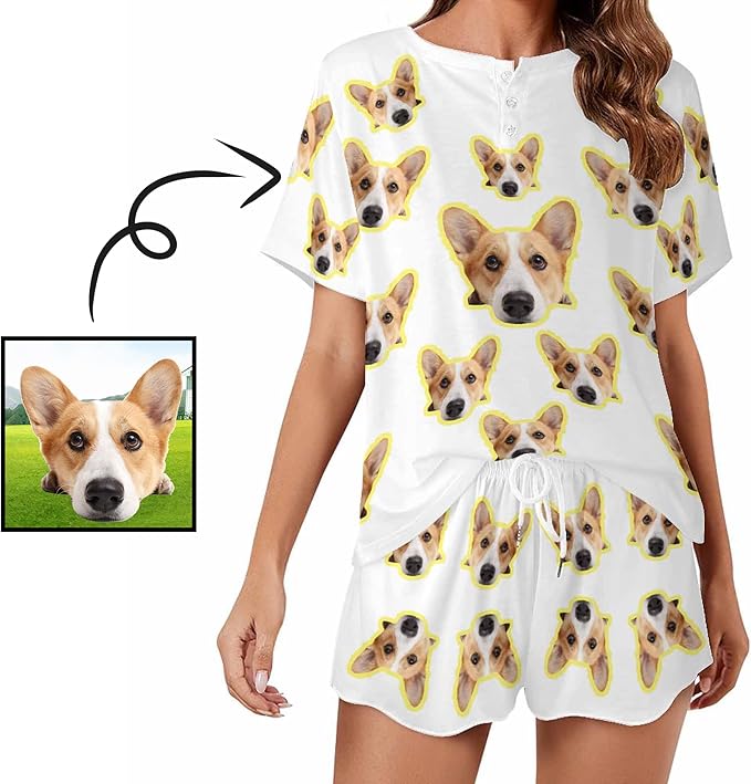 Custom Short Pajamas Set with Face Photo Women‘s Sleepwear Tee Personalized PJ Short Loungewear Set fot Her