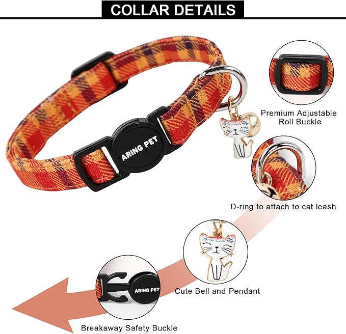 ARING PET 2 Pack Fall Cat Collars-Cute Breakaway Cat Collar with Bell & Pendant, Adjustable Halloween Plaid Kitten Collars with Safety Buckle for Girl and Boy Cats
