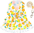 Dog Harness Dress Leash Set for Small Dog Summer Clothes Girl Female Puppy Cats Outfits Cute Floral Bowknot Princess Birthday Dress for Extra Small Pet Doggie Kitten Outfits Apparel(Yellow,L)