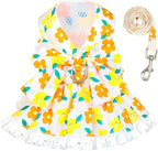 Dog Harness Dress Leash Set for Small Dog Summer Clothes Girl Female Puppy Cats Outfits Cute Floral Bowknot Princess Birthday Dress for Extra Small Pet Doggie Kitten Outfits Apparel(Yellow,L)