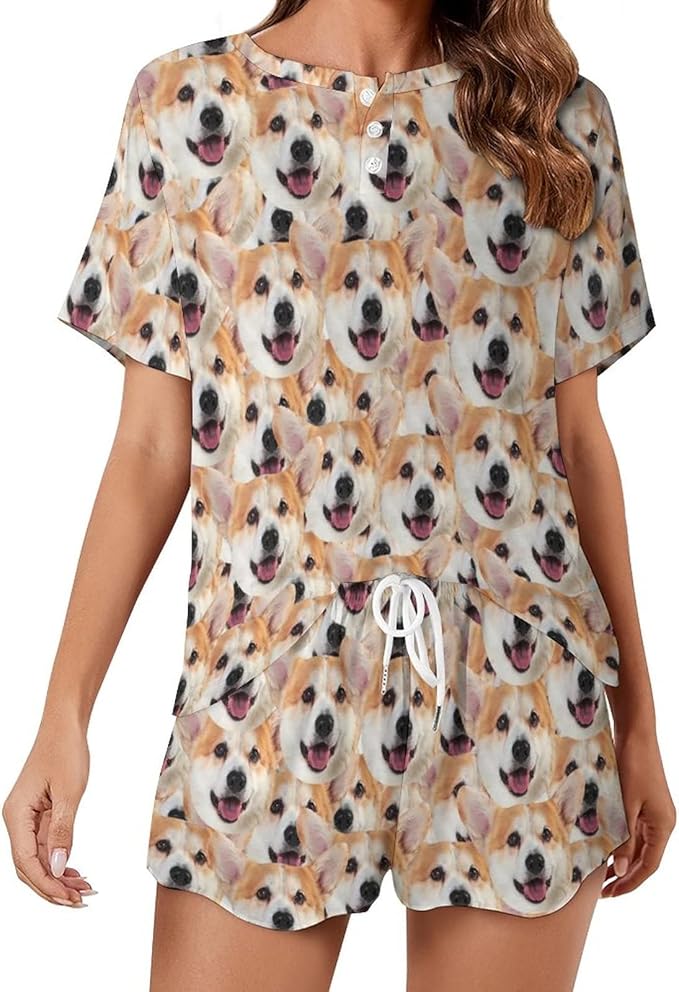 D-Story Custom Short Pajama Set with Pet Face Personalized Photo Sleepwear 2 Pieces Pjs Nightwear Xmas Gift for Women