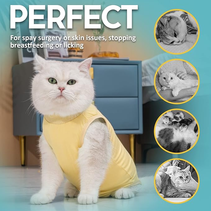 Avont Cat Recovery Suit - Kitten Onesie for Cats After Surgery, Cone of Shame Alternative Surgical Spay Suit for Female Cat, Post-Surgery or Skin Diseases Protection -Yellow(M)