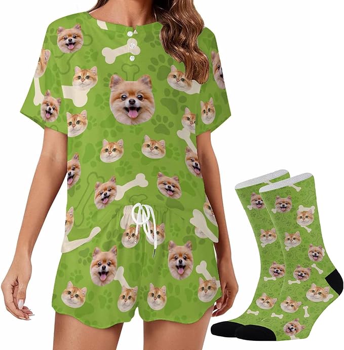 Custom Short Pajamas Set with Face Photo Women‘s Sleepwear Tee Personalized PJ Short Loungewear Set fot Her