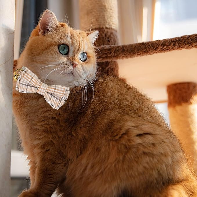2 Pack Soft Cotton Cat Collars with Bowtie and Bell Breakaway Plaid Cat Kitten Collar(Beige and Amber)