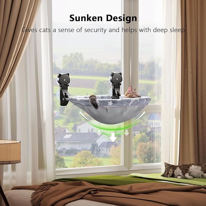 Cat Window Perch Cordless, Glow in The Dark & Stable Cat Beds- Breathable Window Hammock for Overlooking, Sunbathing and Climbing - Maximum Hold Up to 40lb(Grey)
