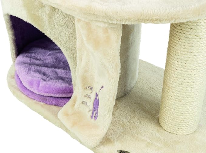 TRIXIE My Kitty Darling Castle Condo, Scratching Post, Cat Tree, Pom Pom, Crinkle Toy | Beige 27.5 x 14.75 x 35.25 in.