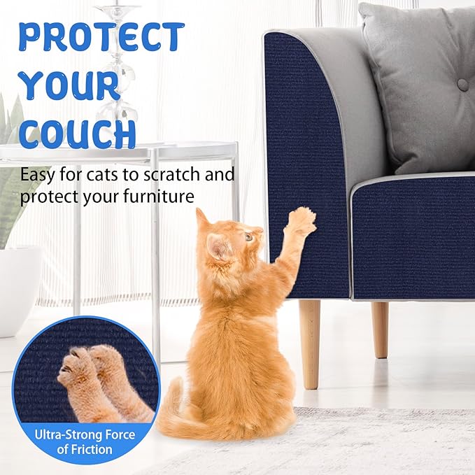 Climbing Cat Scratcher Mat Trimmable Cat Scratching Post Carpet 118’’x15.8’’ Self Adhesive Carpet Mat Pad Replacement for Cat Tree Shelves Post Couch Wall Furniture Steps DIY Protector (Dark Blue)