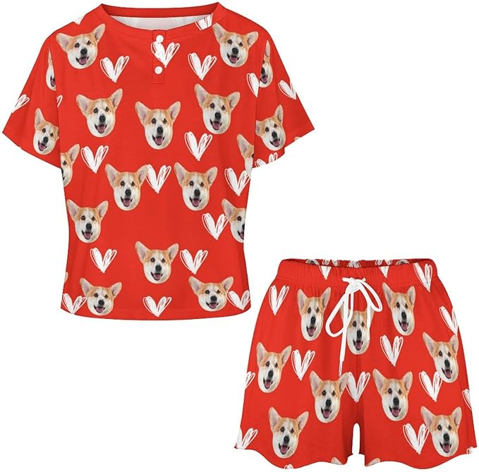 D-Story Custom Short Pajama Set with Pet Face Personalized Photo Sleepwear 2 Pieces Pjs Nightwear Xmas Gift for Women